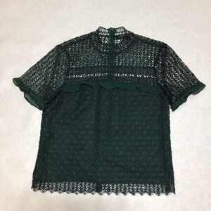 Zara Green Guipure Lace Short Sleeve Shirt, Size Small
